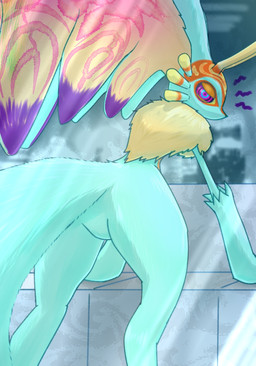 ambiguous_gender annoyed anthro antlers biped black_sclera bolt_emanata chest_tuft colored_nails countershade_torso countershading detailed_background digitigrade emanata featureless_crotch fingernails fluffy fluffy_tail fur head_wings horn huge_wings inside leaning leaning_forward looking_at_viewer looking_back looking_back_at_viewer mouthless multicolored_body multicolored_eyes multicolored_fur nails narrowed_eyes neck_tuft null orange_body orange_fur pink_eyes pupils purple_fingernails purple_nails solo tail tan_body tan_fur teal_body teal_eyes teal_fur tuft unusual_wing_placement wings ebino_senaka kirby_(series) kirby_and_the_forgotten_land nintendo fecto_elfilis alien chinchilla chinchillid mammal rodent starling_(kirby) 2022 digital_drawing_(artwork) digital_media_(artwork) hi_res japanese_description