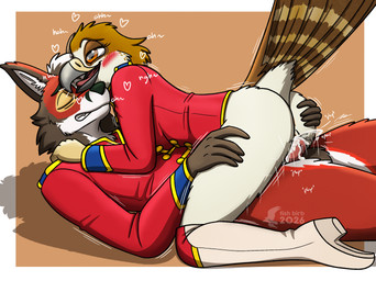 anthro bodily_fluids bottomless bottomless_female bottomless_male clothed clothing cum cum_in_vagina cum_inside duo female female_on_top genital_fluids genitals knot knotted_penis male male/female marching_band_uniform on_top orgasm penetration penis sex vaginal vaginal_penetration fish_birb maddie_(fish_birb) accipitrid accipitriform avian bird buteo canid canine canis chickenhawk mammal red-tailed_hawk wolf hi_res