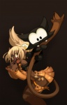 armor bell bite blonde_hair blush brown_eyes clothed clothing critter domestic_pet duo female feral hair nom skimpy surprise tail tail_bite tail_fetish tail_in_mouth tail_play unconvincing_armor gueuzav ankama dofus wakfu domestic_cat ecaflip felid feline felis mammal official_art