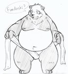 anthro asian_clothing belly big_belly biped clothing east_asian_clothing fundoshi humanoid_hands japanese_clothing kemono male moobs navel nipples overweight overweight_male question_mark simple_background solo text underwear bear_2key bear giant_panda mammal 2022 hi_res monochrome