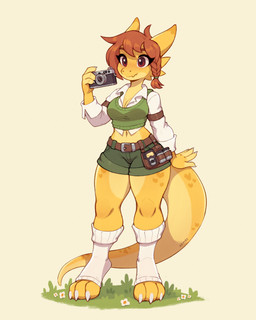 anthro bottomwear braided_hair camera clothed clothing electronics female fingers green_bottomwear green_clothing green_shorts hair holding_camera holding_object portable_music_player shorts solo tail tapering_tail thick_thighs wide_hips asimos kobold scalie 2025 4:5 digital_media_(artwork) hi_res
