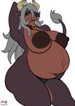 anthro areola belly big_areola big_belly big_breasts breasts brown_areola brown_body brown_fur brown_nipples collar collar_only female fur green_eyes grey_hair hair hand_behind_head horn huge_breasts nipples nude pregnant pregnant_anthro pregnant_female smile solo tail tail_tuft thick_thighs tuft destabilizer solii_(gizmo1205) bovid bovine cattle mammal 2024 hi_res