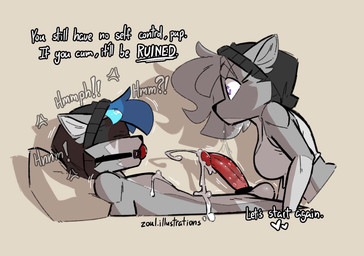 accessory after_oral anthro ball_gag balls beanie black_beanie black_clothing black_hat black_headwear blindfold blue_hair bodily_fluids clothing cock_ring crop_top cum cum_on_chest cum_on_self cumshot dominant dominant_female duo ejaculation female fur gag gagged genital_fluids genitals grey_body grey_fur hair hat headgear headwear heart_symbol interrupted_orgasm jewelry lying male male/female moan on_back orgasm penis penis_accessory penis_jewelry purple_eyes saliva saliva_on_penis saliva_string shirt submissive submissive_male talking_to_another talking_to_partner text topwear white_clothing white_crop_top white_topwear zoul_illustration loco_(zoul_illustration) zoul 2026 digital_drawing_(artwork) digital_media_(artwork) english_description english_text hi_res