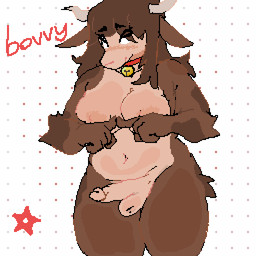 anthro balls bell bell_collar belly big_breasts breasts brown_body collar genitals gynomorph hair horn humanoid_genitalia humanoid_penis intersex long_hair nipples nude penis slightly_chubby solo standing text thick_thighs heresysheep bovvy_(heresysheep) bovid bovine mammal 1:1 aliasing digital_media_(artwork) oekaki