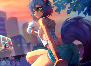 anthro athletic_wear blue_hair bodily_fluids breasts brown_body brown_fur camel_toe clothed clothing female fur gloves_(marking) hair markings multicolored_eyes multicolored_hair multicolored_tail shirt side_boob solo sweat tail tank_top tight_clothing topwear white_clothing white_shirt white_topwear skeleion brand_new_animal studio_trigger michiru_kagemori canid canine mammal raccoon_dog tanuki digital_media_(artwork) shaded
