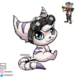 anthro blue_eyes eyelashes eyewear eyewear_on_head feet female fur goggles goggles_on_head head_tuft sitting smile solo striped_body striped_fur stripes tuft white_body white_fur villiamboom1 bandai_namco digimon ratchet_and_clank sony_corporation sony_interactive_entertainment rivet_(ratchet_and_clank) digimon_(species) hybrid lombax mammal 1:1 2026 absurd_res hi_res