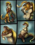 2012 abdominal_bulge anthro bodily_fluids breasts dinosaur dromaeosaurid drooling duo fangs featureless_breasts felid female hi_res leopard mahiri male mammal medium_breasts oral_vore pantherine prehistoric_species reptile saliva scalie swallowing teeth theropod tongue velociraptor vore vorelord willing_prey