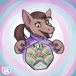 anthro brown_hair clothing fangs female hair lgbt_pride ponytail pride_color_background pride_colors progress_pride_colors purple_clothing purple_shirt purple_topwear rainbow rainbow_arch rainbow_pride_colors shirt simple_background smile solo teeth topwear transgender_pride_colors miltonholmes out-of-placers mammal yinglet 1:1 2022 digital_media_(artwork)