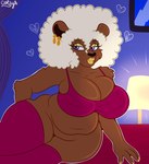 afro anthro belly black_nose breasts clothing ear_piercing ear_ring female lamp overweight overweight_anthro overweight_female piercing ring_piercing solo colty8 felid lion mammal pantherine absurd_res hi_res