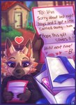2021 animal_crossing anthro box brown_body canid canine canis container dimwitdog english_text female fur gift gift_box hi_res letter mammal nintendo note solo tan_body tan_fur text vivian_(animal_crossing) wolf