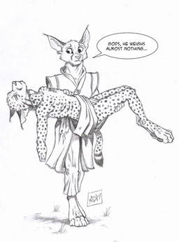 amputee anthro barefoot bottomwear buckle carrying_another clothing dialogue digitigrade dipstick_tail disability duo ear_piercing ear_ring ear_tuft eyes_closed feet female fur loincloth looking_down looking_down_at_another male markings pants piercing ring_piercing simple_background skinny speech_bubble spots spotted_body spotted_fur spotted_markings spotted_tail standing straps tail tail_markings text topwear tuft white_background 0laffson kari_(0laffson) shadi_(0laffson) caracal caracal_(genus) cheetah felid feline mammal 2018 digital_media_(artwork) english_text hi_res monochrome signature sketch