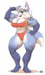 anthro big_breasts biped black_nose blue_body blue_fur breasts chest_tuft cleavage clothed clothing eyewear female fur glasses hair long_hair muscular muscular_anthro muscular_female navel solo standing tuft white_body white_fur white_hair bng morgi canid canine canis domestic_dog mammal 2014 hi_res