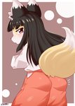 abstract_background anthro asian_clothing black_hair border bottomwear butt chibi clothing east_asian_clothing eyeliner female female_anthro fur hair hakama hime_cut japanese_clothing kemono looking_back makeup pink_eyes purple_eyeliner red_bottomwear red_clothing red_hakama solo white_border white_haori yellow_body yellow_fur arumo tsune-hime canid canine fox mammal hi_res signature