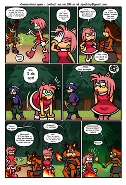 anthro bent_over blue_eyes blush blush_lines boots bottomwear brown_body brown_boots brown_bottomwear brown_clothing brown_footwear brown_fur brown_shoes brown_skirt brown_topwear campfire camping clothing dialogue dress erection erection_under_clothing facepalm female footwear fur green_bottomwear green_clothing green_eyes green_shorts group male multicolored_body multicolored_fur orange_body orange_fur pink_body pink_eyes pink_fur purple_body purple_fur red_boots red_clothing red_dress red_footwear shocked shoes shorts skirt speech_bubble surprised tan_arms text topwear trio sqootshy sega sonic_boom sonic_the_hedgehog_(series) amy_rose fan_character sticks_the_jungle_badger badger bovid caprine eulipotyphlan hedgehog mammal mustelid musteline sheep 2026 absurd_res comic english_text hi_res multiple_scenes url