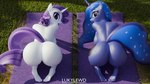 alternate_species anthro anthrofied big_butt blue_body blue_eyes blue_eyeshadow blue_fur blue_hair butt cutie_mark duo ethereal_hair ethereal_tail eyeshadow feet female fur grass hair horn humanoid_feet makeup outside pink_eyes plant plantigrade purple_hair purple_tail sparkles tail towel sunylira3d friendship_is_magic hasbro my_little_pony mythology princess_luna_(mlp) rarity_(mlp) equid equine mammal mythological_creature mythological_equine unicorn 16:9 2023 3d_(artwork) absurd_res digital_media_(artwork) hi_res widescreen