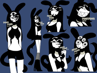 big_breasts blue_background boots breasts clothing female footwear high_heeled_boots high_heels mouthless multi_eye sharp_teeth shoes simple_background solo teeth 87sukiyaki humanoid unknown_species 2025 4:3 dated hi_res