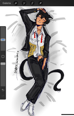 bedroom_eyes black_body black_bottomwear black_clothing black_fur black_hair black_jacket black_pants black_topwear bottomwear clothed clothing fur hair half-closed_eyes hand_on_head hand_on_leg heart_eyes heart_symbol jacket looking_at_viewer lying male narrowed_eyes on_back open_bottomwear open_clothing open_jacket open_pants open_topwear pants screencap seductive shirt smile solo tan_body tan_skin topwear white_clothing white_shirt white_topwear kasztanek86 date_everything timothy_timepiece animal_humanoid cat_humanoid felid felid_humanoid feline feline_humanoid humanoid mammal mammal_humanoid 2025 colored_sketch digital_media_(artwork) hi_res procreate_(artwork) sketch