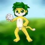 anthro ball balls biped blush claws flaccid fur genitals green_eyes green_hair hair holding_ball holding_object looking_at_viewer male mascot nude paws penis simple_background small_penis smile soccer soccer_ball solo south_africa sport tail world_cup yellow_body yellow_fur young young_anthro young_male zeklullaby fifa zakumi felid leopard mammal pantherine 1:1 2012 digital_media_(artwork) hi_res