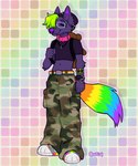 5_fingers anthro arm_tuft backpack beaded_bracelet beaded_jewelry beads beanie belt belt_buckle black_beanie black_bracelet black_clothing black_crop_top black_hat black_headwear black_shirt black_topwear bottomwear bracelet brown_backpack buckle camo camo_bottomwear camo_clothing camo_pants camo_print cheek_tuft closed_smile clothed clothed_female clothed_male clothing collar crop_top dipstick_tail elbow_tuft eyes_closed eyewear facial_piercing facial_tuft female fingers fluffy fluffy_tail footwear fully_clothed fully_clothed_female fully_clothed_male fur glasses green_bottomwear green_clothing green_hair green_pants grey_clothing grey_footwear grey_shoes hair hair_over_eye hat headgear headwear holding_backpack jewelry light lip_piercing male markings midriff mouth_closed multicolored_belt multicolored_tail navel necklace nose_piercing nose_ring outline oversized_bottomwear oversized_clothing oversized_pants pants pattern_bottomwear pattern_clothing pattern_pants piercing pink_collar pockets purple_body purple_fur purple_inner_ear purple_nose purple_outline purple_tail_tip rainbow_background rainbow_belt rainbow_tail ring_piercing shirt shoes short_hair simple_background slim_anthro slim_male smile solo standing tail tail_markings text topwear tuft chotpot xander_(chotpot) canid canine canis mammal wolf 2024 artist_name colored digital_drawing_(artwork) digital_media_(artwork) english_description full-length_portrait lighting portrait trans_(lore) trans_man_(lore)