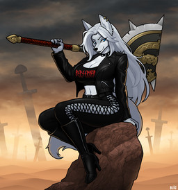 anthro axe battle_axe belt big_breasts blue_eyes boots bottomwear breasts clothing collar crop_top ear_piercing ear_ring eyebrows eyelashes female footwear fur grey_body grey_fur grey_hair hair high_heeled_boots high_heels jacket leather leather_bottomwear leather_clothing leather_jacket leather_pants leather_topwear melee_weapon midriff pants piercing ring_piercing rock shirt shoes sitting solo spiked_collar spikes sword tail topwear weapon blazbaros canid canine canis mammal wolf 2025 hi_res