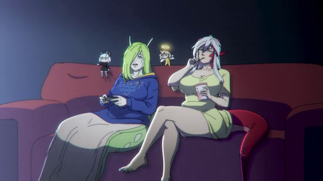 antennae_(anatomy) apode big_breasts breasts broken_horn chibi cleavage clothed clothing controller crossed_legs eating female female_humanoid furniture gaming green_hair group hair hair_over_eye halo holding_controller holding_object hoodie horn legless music not_furry playing_video_game red_ears red_tail serpentine shirt shoulder_angel shoulder_devil sitting sofa sweater tail thick_thighs topwear white_hair randomtanstudio mythology holly_greatman_(randomtanstudio) loo_(randomtanstudio) ryu_(randomtanstudio) vassago_(randomtanstudio) animal_humanoid draconcopode dragon dragon_humanoid gastropod gastropod_humanoid humanoid mollusk mollusk_humanoid mythological_creature mythological_scalie scalie slug_humanoid 16:9 animated hi_res short_playtime sound video widescreen