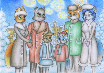anthro black_nose blue_body blue_fur blue_hair clothing coat family female fireworks fur group hair hat headgear headwear male male/female night orange_body orange_fur snow topwear white_body white_fur white_hair sinaherib dreamworks nintendo star_fox the_bad_guys diane_foxington ellen_wolf_foxington fox_mccloud krystal_(star_fox) marcus_mccloud mr._wolf_(the_bad_guys) canid canine canis fox hybrid mammal wolf absurd_res hi_res daughter_(lore) father_(lore) father_and_child_(lore) father_and_daughter_(lore) father_and_son_(lore) mother_(lore) mother_and_child_(lore) mother_and_daughter_(lore) mother_and_son_(lore) parent_(lore) parent_and_child_(lore) parent_and_daughter_(lore) parent_and_son_(lore) son_(lore)