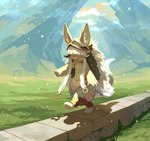 anthro big_ears black_horn bottomwear clothed clothing female fur grass green_eyes hair horizontal_pupils horn long_hair open_mouth outside pants paws plant pupils shadow solo tan_body tan_fur three-quarter_view topless unsigned walking white_hair corzh77 made_in_abyss nanachi lagomorph mammal narehate absurd_res full-length_portrait hi_res portrait