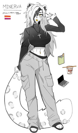 anthro biped bottomwear breasts clothed clothed_anthro clothed_female clothing female front_view fully_clothed fully_clothed_anthro fully_clothed_female fur hair height navel solo standing tail topwear thericegoat minerva_(thericegoat) felid mammal pantherine snow_leopard 2025 digital_drawing_(artwork) digital_media_(artwork) hi_res model_sheet