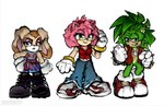 anthro boots bottomwear bracelet cheerleader clothing denim denim_bottomwear denim_clothing ear_piercing female footwear fur gloves group handwear jeans jewelry male pants piercing pink_body pink_fur shoes spiked_bracelet spikes topwear trio vest heavyrivet sega sonic_the_hedgehog_(series) sonic_underground amy_rose cream_the_rabbit manic_the_hedgehog eulipotyphlan hedgehog humanoid lagomorph leporid mammal rabbit concept_art