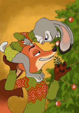 anthro blush bottomwear buckteeth christmas_clothing christmas_sweater christmas_topwear christmas_tree clothed clothed_female clothed_male clothing duo eye_contact feet female fingers fur green_eyes grey_body grey_fur half-closed_eyes holding_mistletoe holding_object holidays larger_male looking_at_another male male/female mistletoe narrowed_eyes plant purple_eyes scut_tail short_tail shorts simple_background size_difference smaller_female smile standing sweater tail teeth toes topwear tree hareluca christmas disney zootopia judy_hopps nick_wilde canid canine fox lagomorph leporid mammal rabbit red_fox true_fox absurd_res digital_media_(artwork) hi_res