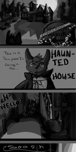 anthro cape clothed clothing costume disembodied_hand fur ghost_hand halloween_costume haunted_house holidays male scared smile solo text wings young young_anthro young_male wintersink halloween canid canine canis gargoyle ghost mammal spirit wolf 1:3 absurd_res comic digital_media_(artwork) english_text hi_res monochrome