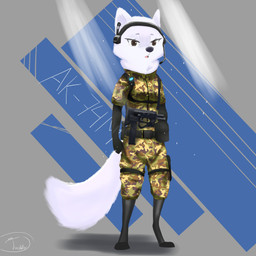 anthro black_nose camo clothed clothing electronics female fully_clothed fur gun headgear headphones headset military_uniform ranged_weapon simple_background solo standing uniform weapon white_body white_fur tieradler arctic_fox canid canine fox mammal true_fox 1:1 2020 absurd_res full-length_portrait hi_res portrait signature