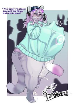 anthro big_breasts biped bodily_fluids breasts clothed clothed_female clothing cum cum_from_vagina cum_in_hair cum_in_vagina cum_inside cum_on_leg curvy_figure duo female female_anthro fluffy fur genital_fluids hair hand_on_breast hat headgear headwear huge_breasts infidelity inside_clothing kemono larger_female love male male/female male_anthro mature_female nipples overweight overweight_anthro overweight_female owo phone_call pink_body predator/prey public public_sex sex sex_under_clothing sexual_barrier_device size_difference slightly_chubby smaller_male stealth_sex tail text thick_thighs voluptuous wet wide_hips happy_mad amaverse vtuber patoune domestic_cat felid feline felis leopard mammal pantherine absurd_res english_text hi_res