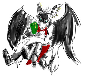 anthro big_ears blue_eyes claws clothed clothing duo ear_piercing feathered_wings feathers female fur hug piercing simple_background stripes wings unknown_artist slightly_damned anon sakido_elexion demon human mammal absurd_res hi_res