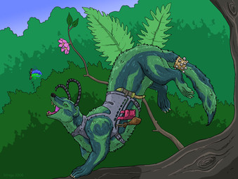 animal_genitalia ass_up duo feral flower flying fully_sheathed fur genitals green_eyes happy legs_in_air male midair nature open_mouth open_smile outside plant quadruped saddle_bag sheath smile striped_body striped_fur stripes teeth text tongue tree year strega arthropod butterfly insect lepidopteran mammal skiltaire 2008 artist_name dated watermark