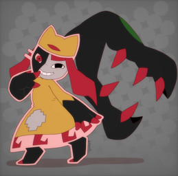 alternate_species black_body black_eyes black_hair bottomwear clothing digitigrade female fingerless_(marking) gloves_(marking) grey_background grey_body grin hair hair_mouth hat headgear headwear heterochromia markings outline pattern_background pseudo_hair red_eyes red_hair red_outline shadow sharp_teeth simple_background skirt smile solo teeth yellow_body mawaifu ena:_dream_bbq ena_(series) nintendo pokemon taski_maiden_(ena) generation_3_pokemon humanoid mawile pokemon_(species) 2025 absurd_res hi_res signature