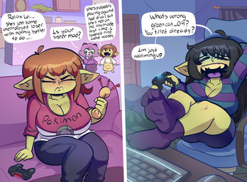 angry big_breasts black_clothing black_footwear black_hair black_socks brand_parody breasts brown_hair cleavage clothed clothing controller female footwear green_body green_skin group hair holding_controller holding_object humanoid_pointy_ears inside long_hair not_furry pointy_ears ps5_controller short_hair sitting socks teeth text toy yellow_teeth 20pesos_sopa nintendo pokemon lei_(20pesos_sopa) mary_(20pesos_sopa) selene_(20pesos_sopa) goblin humanoid english_text hi_res
