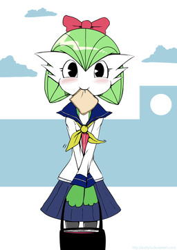 accessory asian_clothing black_eyes blush bow_(feature) bow_accessory bow_ribbon bread centered_hair_bow clothing cloud crossed_wrists east_asian_clothing eyelashes female food green_hair hair hair_accessory hair_bow hair_ribbon handbag japanese_clothing japanese_school_uniform looking_at_viewer mouth_hold not_furry ribbons school_uniform serafuku smile solo uniform anzhyra nintendo pokemon gardevoir generation_3_pokemon pokemon_(species) hi_res