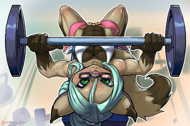 abs anthro bodily_fluids breasts brown_body brown_fur clothed clothing exercise eyewear female fur glasses green_hair hair muscular muscular_anthro muscular_female side_boob solo sweat weightlifting workout thefuckingdevil fatima domestic_cat felid feline felis mammal 2017