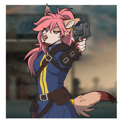 anthro clothed clothing ear_piercing female gun hair handgun holding_object holding_weapon piercing pink_hair pistol ranged_weapon simple_background solo tail vault_suit weapon shardfox fallout microsoft halsey_(cero) canid canine mammal 1:1 hi_res