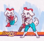 accessory anthro blue_eyes bow_ribbon clothing female footwear fur gloves hair_accessory hair_bow hair_ribbon handwear ribbons solo text white_body white_fur gerovort nintendo star_fox fay_(star_fox) canid canine mammal 2022 english_text signature