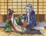 animal_genitalia anthro anthro_on_anthro balls clothed clothing crossdressing duo erection femboy geisha genitals male penis samurai sheath surprise tail undressing warrior heather_bruton canid canine canis fox mammal wolf