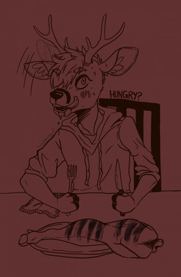 anthro antlers bodily_fluids chair clothed clothing drooling eyebrow_through_hair eyebrows furniture gore hair holding_fork holding_knife holding_object hoodie horn knife licking licking_lips licking_own_lips male on_chair open_mouth saliva simple_background sitting sitting_on_chair solo teeth tongue tongue_out topwear translucent translucent_hair bucklucky hi_res monochrome signature
