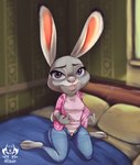 anthro bed bite biting_lip bottomwear bow_panties bow_underwear buckteeth clothed clothing disney erohd female furniture hi_res judy_hopps lagomorph leporid looking_at_viewer mammal open_bottomwear open_clothing open_pants panties pants rabbit sitting solo teeth unbuttoned_pants underwear white_clothing white_panties white_underwear zootopia