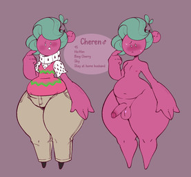 4_fingers ambiguous_gender anthro balls belly big_belly big_butt big_hands big_penis blush bodily_fluids bottom_heavy bottomwear butt cherry clothed clothing curvy_figure fingers fist food fruit gender_symbol genitals glans glistening glistening_body glistening_butt glistening_pseudo_hair glistening_skin green_pseudo_hair huge_butt huge_thighs leaf leaf_hair looking_back male male_symbol mostly_nude multicolored_body multicolored_clothing multicolored_shirt multicolored_topwear navel nervous nervous_smile nervous_sweat nipples not_furry off/on pants pattern_clothing pattern_shirt pattern_topwear pear-shaped_figure penis pink_background pink_balls pink_body pink_clothing pink_glans pink_nipples pink_penis pink_shirt pink_skin pink_topwear plant plant_hair pseudo_hair rear_view shirt shy simple_background simple_eyes simple_face slightly_chubby solo standing stated_age stated_sexuality sweat sweatdrop sweater sweaty_face symbol tan_bottomwear tan_clothing tan_pants text thick_thighs topwear turtleneck two_tone_body vest white_clothing white_shirt white_topwear wide_hips dozighost cheren_(dozighost) elemental_creature elemental_humanoid flora_fauna food_creature humanoid living_fruit 2024 artist_name character_name colored digital_drawing_(artwork) digital_media_(artwork) english_text full-length_portrait hi_res model_sheet portrait shaded signature watermark male_(lore)