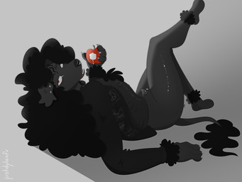 3_toes 4_fingers animal_genitalia animal_penis anthro apple black_clothing black_jacket black_topwear bottomless canine_genitalia canine_penis claws clothed clothing crossed_legs ear_piercing facial_piercing feet fingers floppy_ears food fruit fur fur_tuft furgonomics furry-specific_piercing genital_piercing genitals grey_body hair half-closed_eyes jacket lipsticking long_hair looking_at_viewer lying male narrowed_eyes nipples nose_piercing on_ground open_mouth patch_(fabric) penis piercing plant sheath sheath_piercing simple_background solo toes topwear translucent translucent_clothing translucent_topwear tuft justdylanfr canid canine canis domestic_dog mammal poodle 4:3 absurd_res hi_res