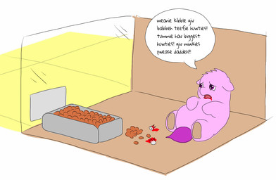 abuse ambiguous_feral ambiguous_gender baby_talk blood blood_from_mouth blood_in_mouth bodily_fluids container dialogue feral fur gore kibble monotone_body monotone_fur neonate open_mouth pet_food pink_body pink_eyes pink_fur purple_tail solo tail teeth text tooth_removal uncomfortable young young_ambiguous young_feral carpdime fluffy_pony fluffy_pony_(species) mammal 2020 digital_media_(artwork) english_text