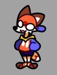 anthro blue_clothing brown_body brown_fur bulge clothing fur hat headgear headwear male markings orange_body orange_fur red_clothing smile smug solo white_body white_eyes white_fur yellow_clothing dogguyd cheese_stick canid canine canis fox mammal