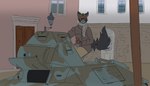 anthro armor armored_vehicle building clothed clothing fcm36 fur gun handgun headgear helmet holster holstered_pistol house male pistol ranged_weapon scarf solo tail tank vehicle weapon savo domestic_cat felid feline felis mammal absurd_res hi_res