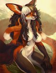 anthro big_breasts big_ears big_tail black_body black_fur black_hair black_markings black_nose breasts claws ear_piercing ear_ring female fur grass green_eyes hair heterochromia long_hair markings multi_tail orange_eyes orange_inner_ear outside piercing plant red_body red_fur ring_piercing small_waist smile solo stripes tail wavy_hair white_body white_fur white_hair white_markings pea2 fan_character canid canine fox mammal